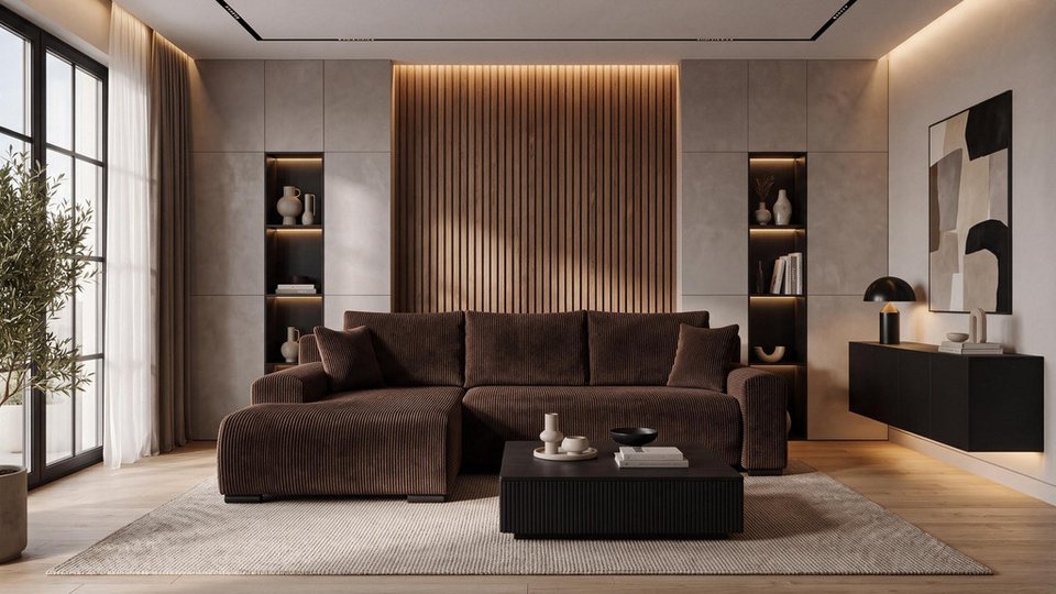 Cord Ecksofa SOFFE in L-Form mit Schlaffunktion und Bettkasten