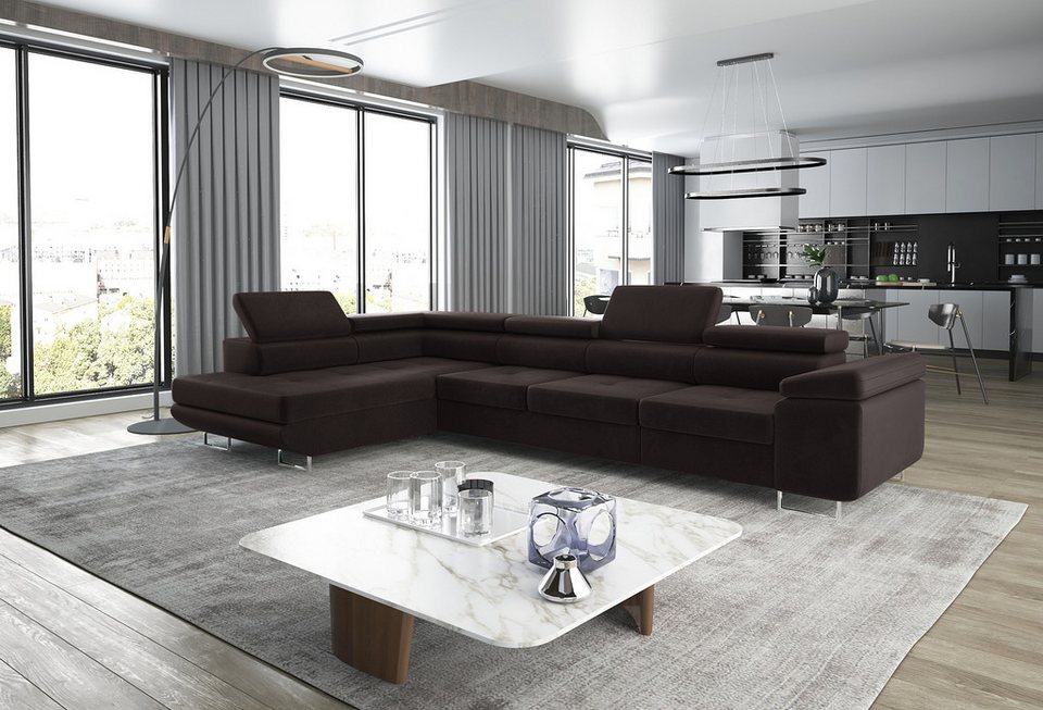 Cord Ecksofa ASTON LONG 355 cm in Braun mit Ottomane