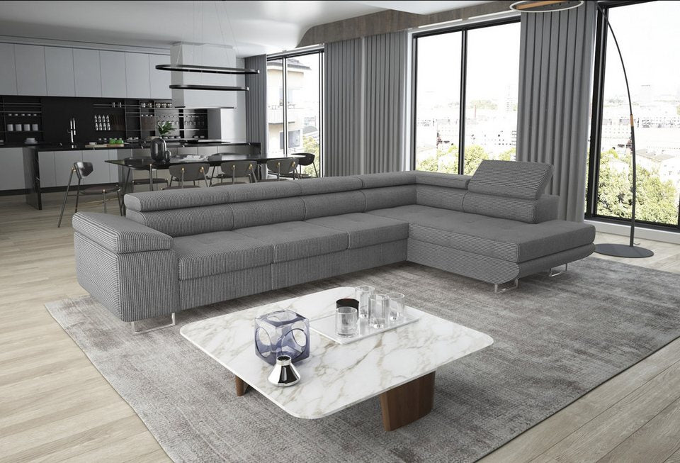 Cord Ecksofa ASTON MAXI in Hellgrau mit Ottomane