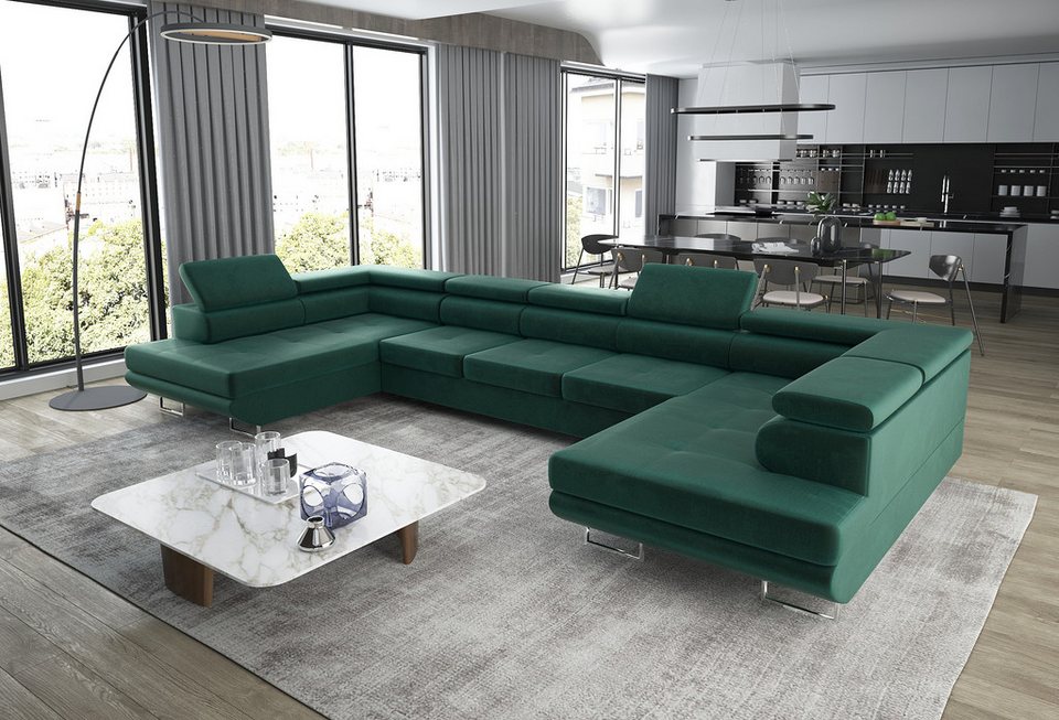 Cord Wohnlandschaft ASTON U in U-Form 390 cm in Grün
