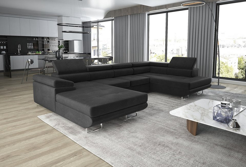 Cord Wohnlandschaft GRENADA 355 cm in U-Form mit Schlaffunktion in Schwarz