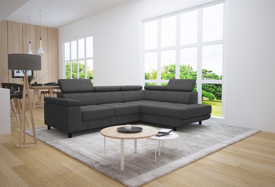 Graues Cord Ecksofa LUNA L mit Schlaffunktion und verstellbaren Kopfstützen
