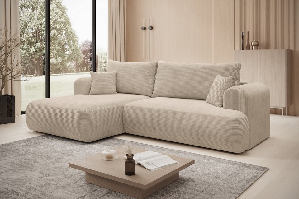 Cord Ecksofa MODO in Beige mit Schlaffunktion und Bettkasten