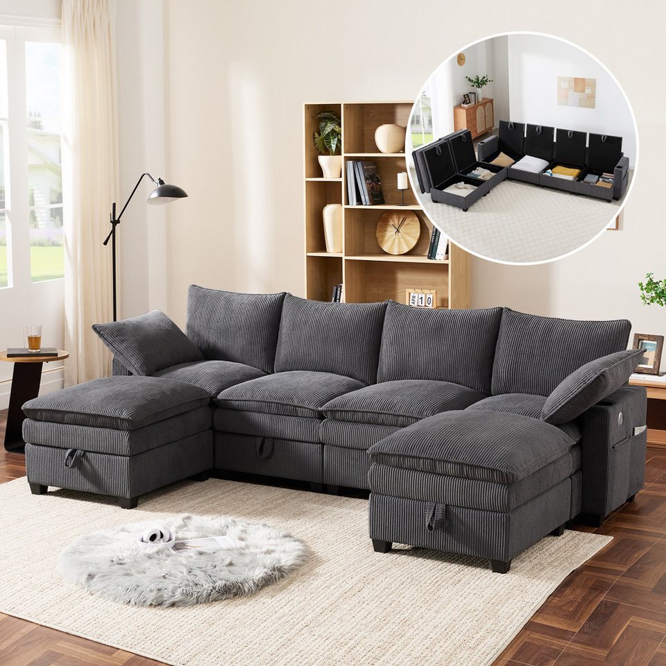 Graues modulares Cord Ecksofa ULIFE mit abnehmbarem Fußhocker
