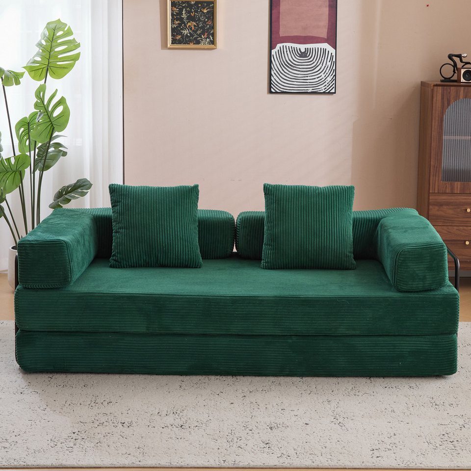 Dunkelgrünes Cord Schlafsofa LEAWIN mit 195 cm Breite