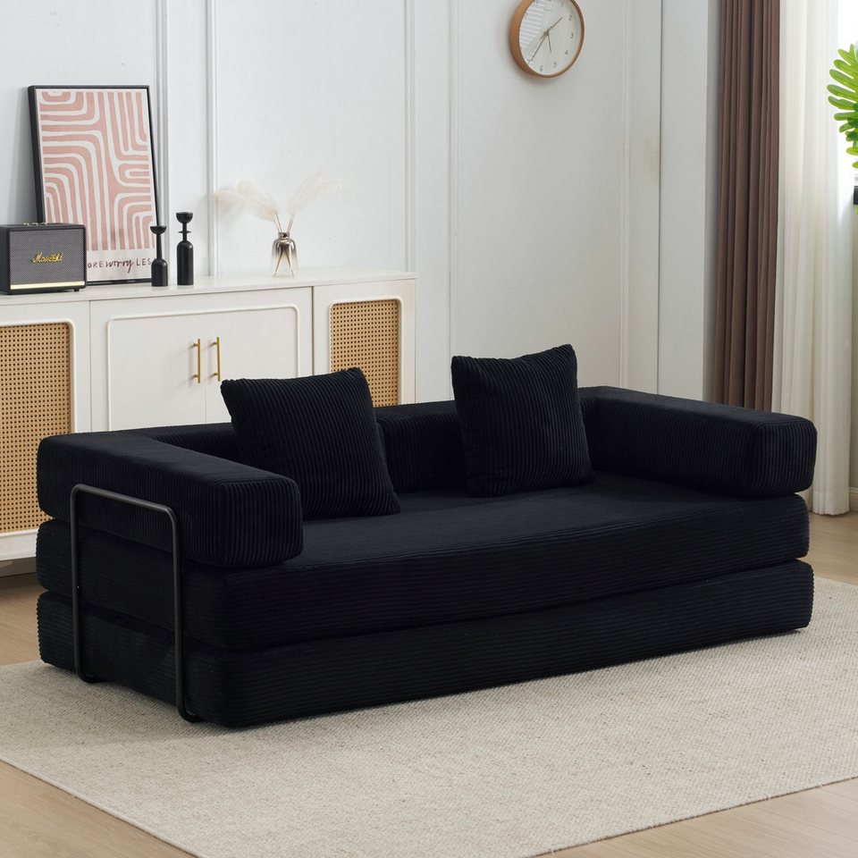 Faltbares Cord Bodensofa LEAWIN in Schwarz mit Liegefläche