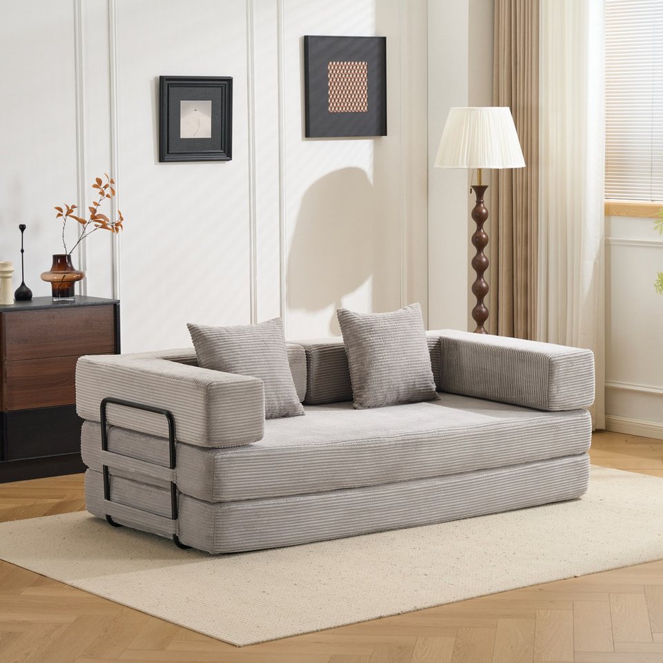 Cord Schlafsofa LEAWIN 185 cm in Hellgrau modular mit Schlaffunktion