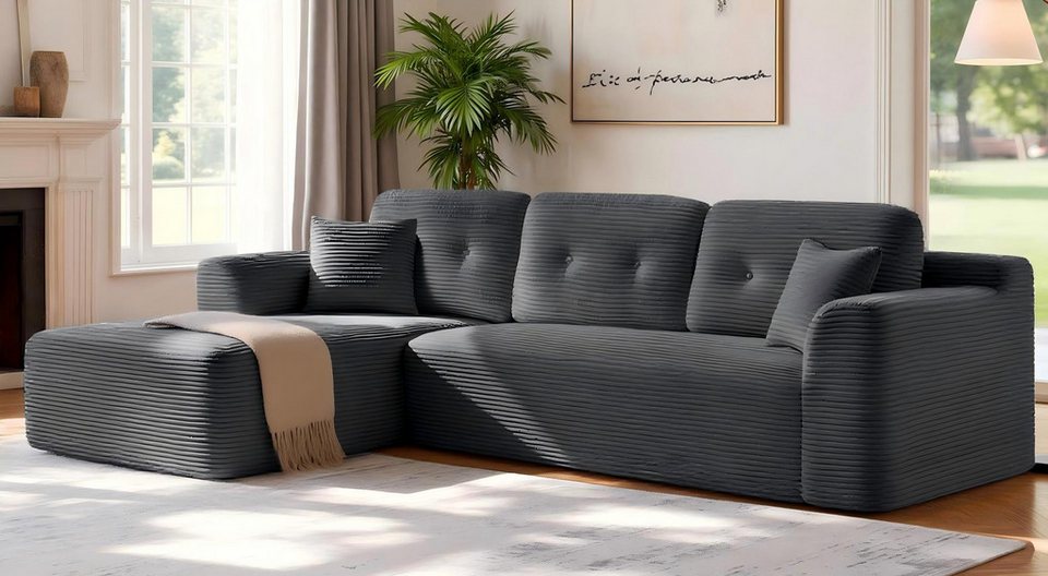 Modulares Cord Ecksofa VASAGLE in Schiefergrau mit großer Chaiselongue