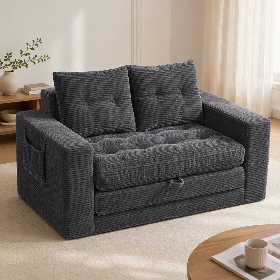 Cord Schlafsofa VIPBEAR 140 cm in Grau mit Seitentasche