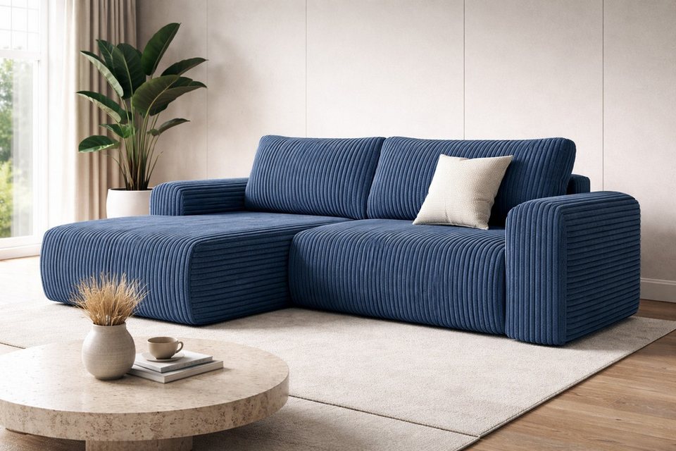 Blaues Cord Ecksofa BERI 245 cm mit Ottomane