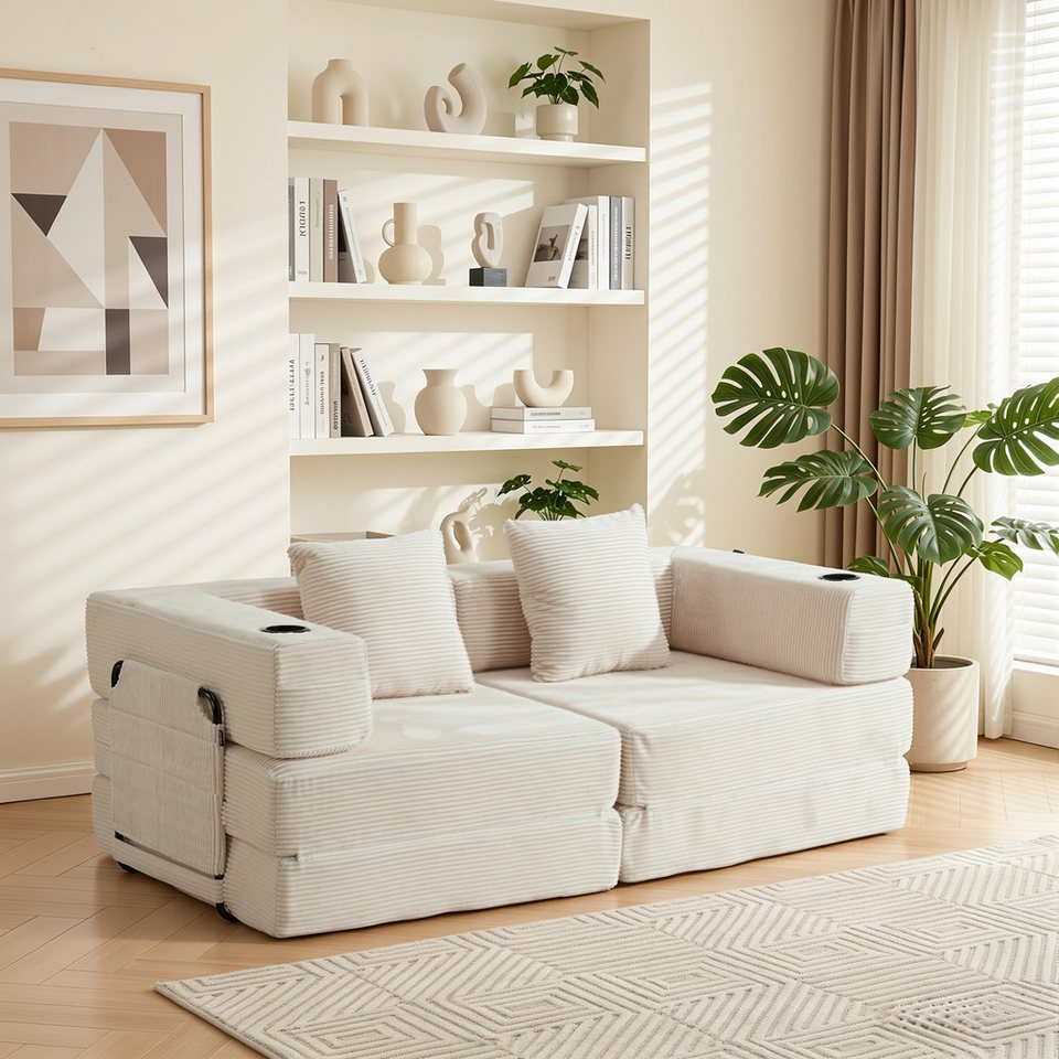 Modulares Cord Schlafsofa M3-V2 in Weiß mit Seitentaschen