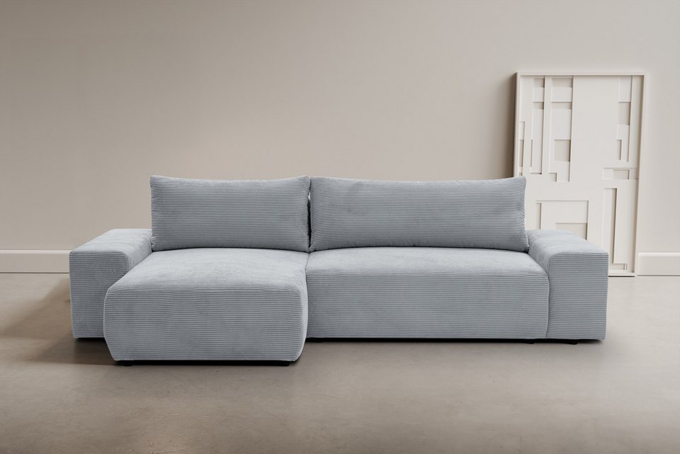 WERK2 Cord Ecksofa AMSTERDAM 300 cm in Grau mit Ottomane links
