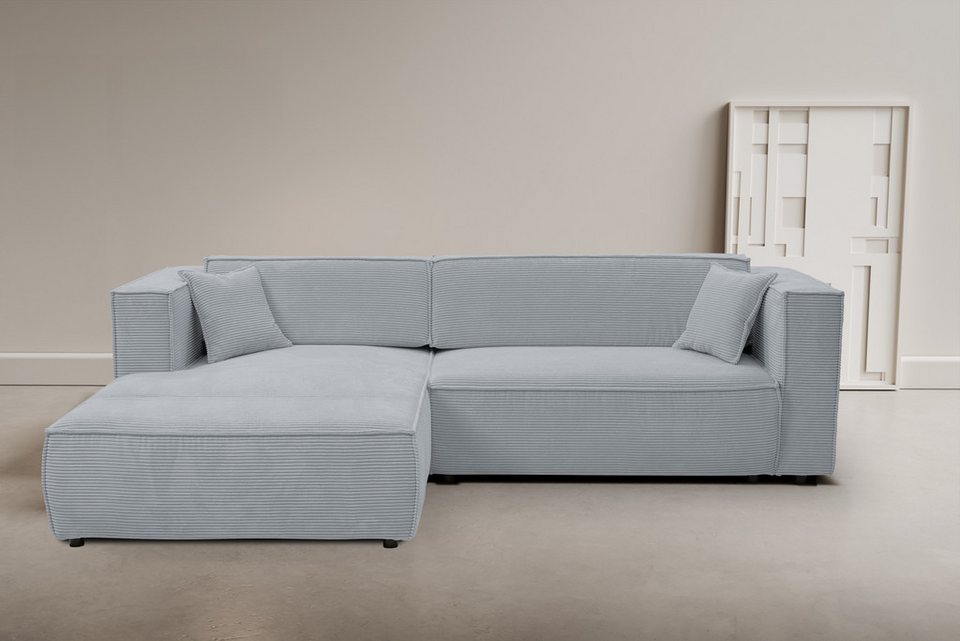 Cord Ecksofa ATLANTA-NEW in Grau mit Ottomane links