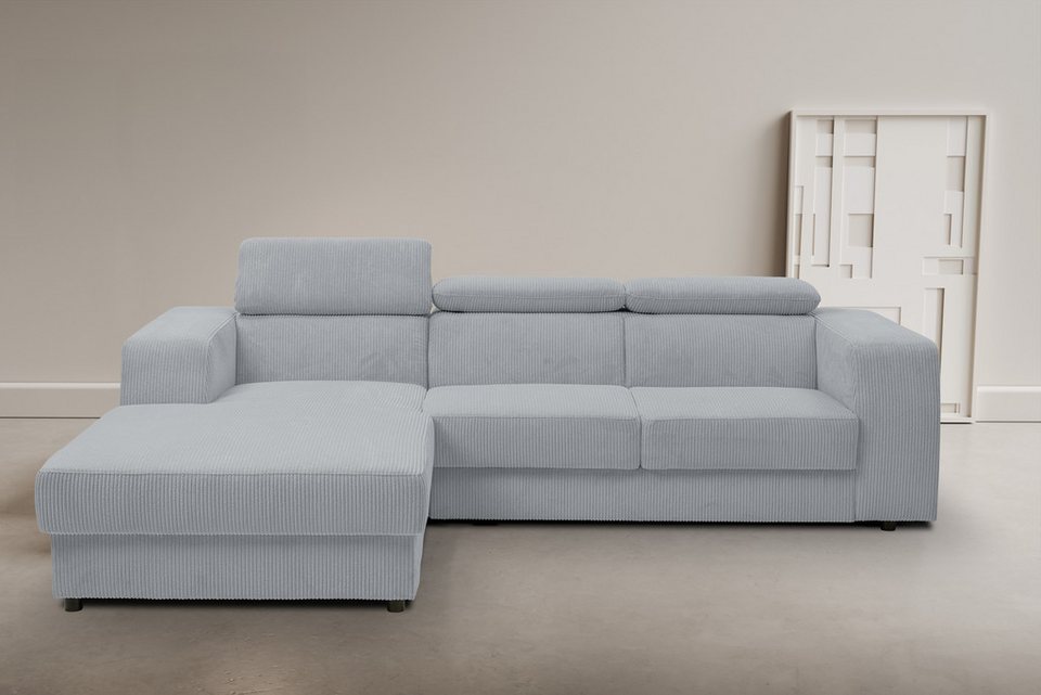 Cord Ecksofa CHERRY 270 cm in Grau mit Ottomane links