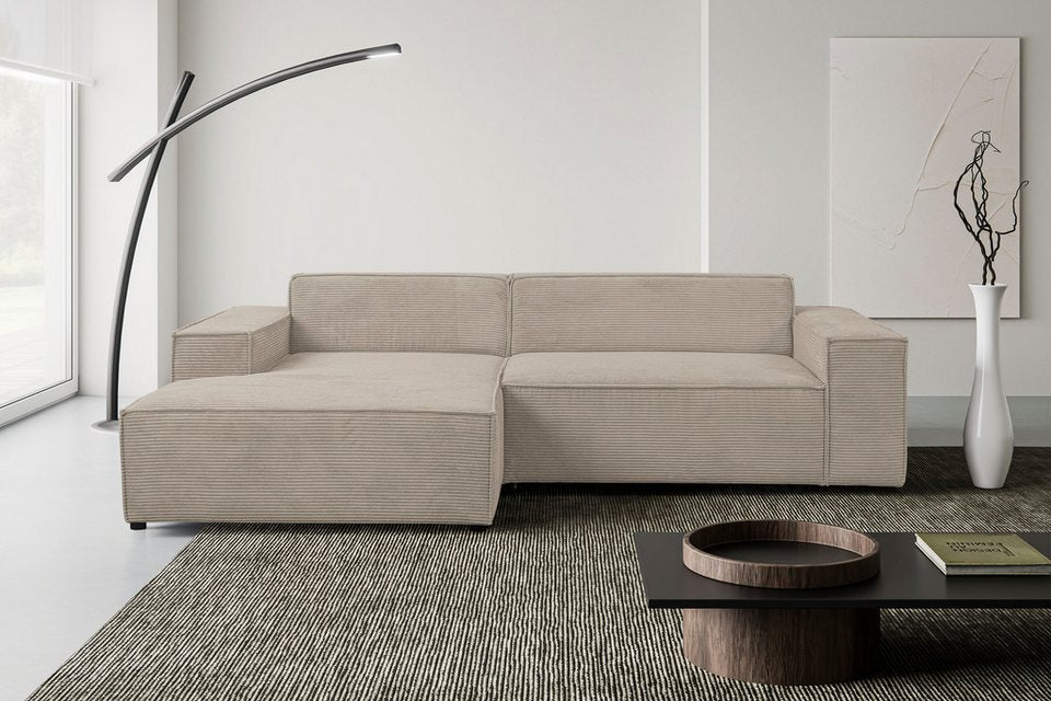Cord Ecksofa TRENTO 268 cm in Greige mit Ottomane links