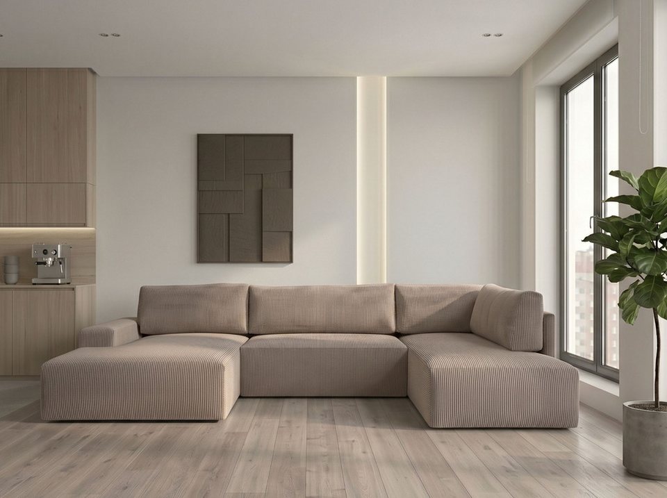 Cord Wohnlandschaft ROTTERDAM in U-Form in Hellgrau und Beige