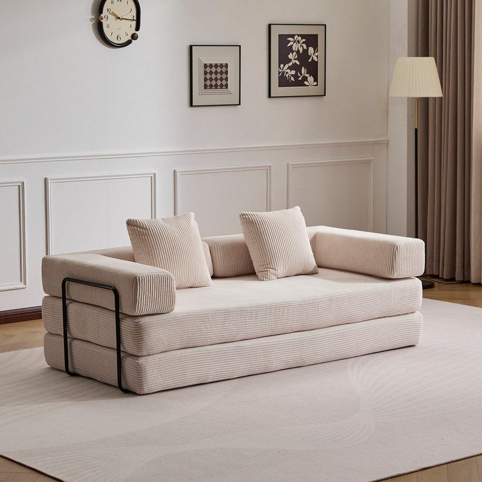 Faltbares Cord Schlafsofa LEAWIN in Beige mit vier Funktionen