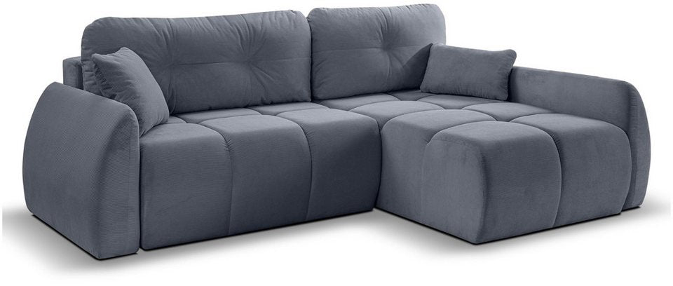 Cord Ecksofa SANCHO LONG in Blau-Grau mit Recamiere rechts
