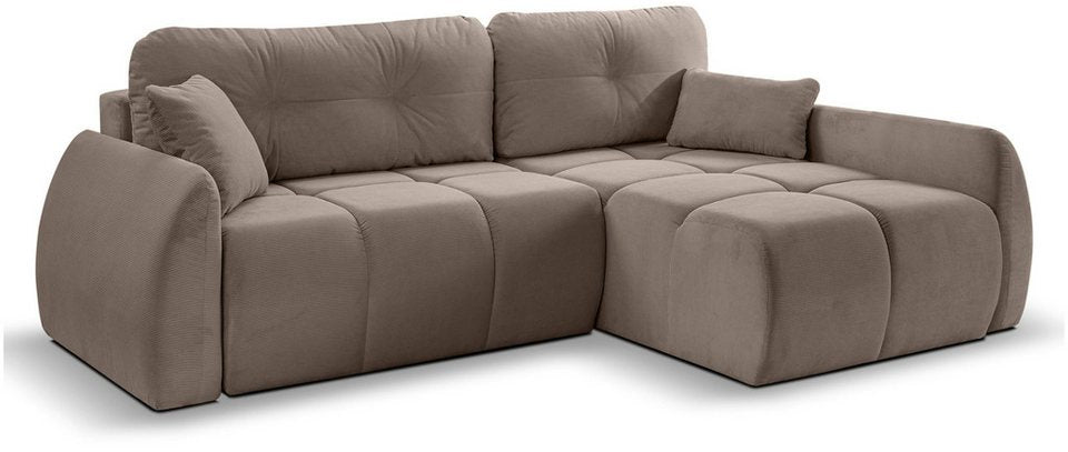 Braun-beiges Cord Eckschlafsofa SANCHO LONG mit Recamiere rechts