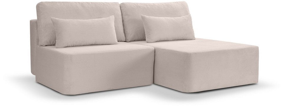 Cord Schlafsofa AMSTERIX in Grau-Beige mit Recamiere rechts