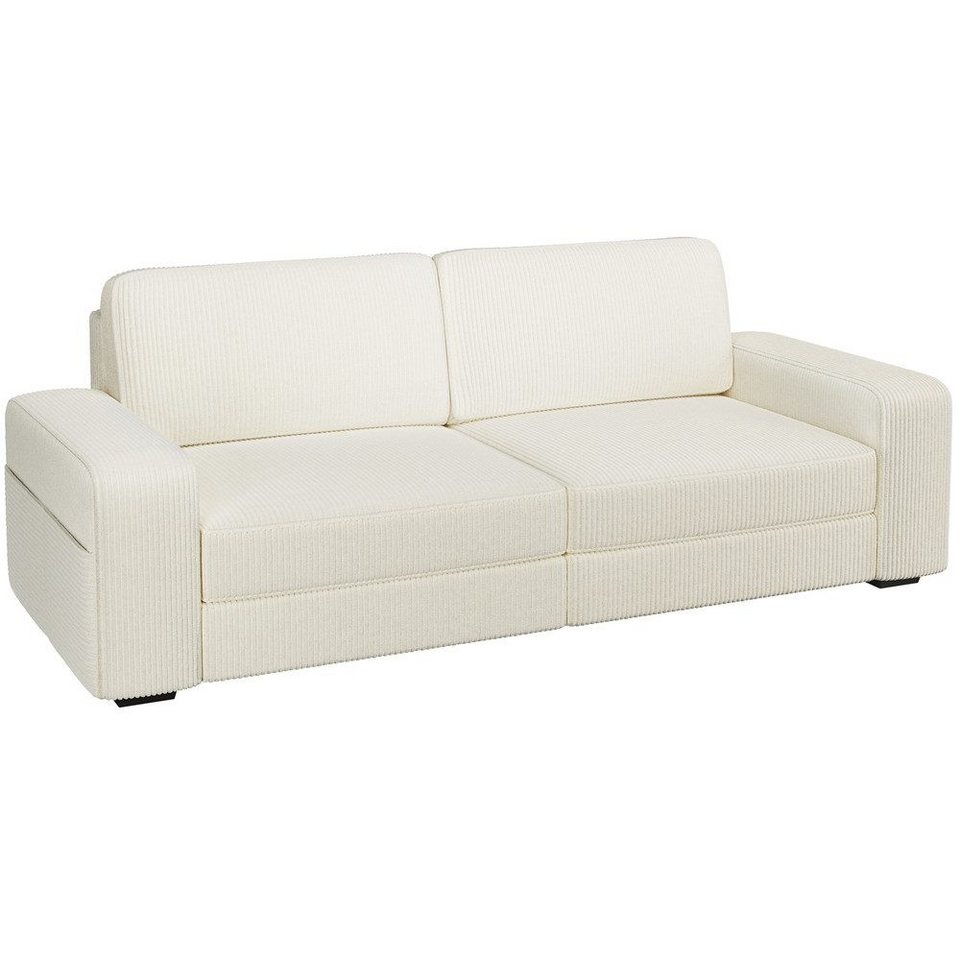 Cord Sofa 212 cm in Elfenbein mit breiter Sitzfläche und losen Rückenkissen