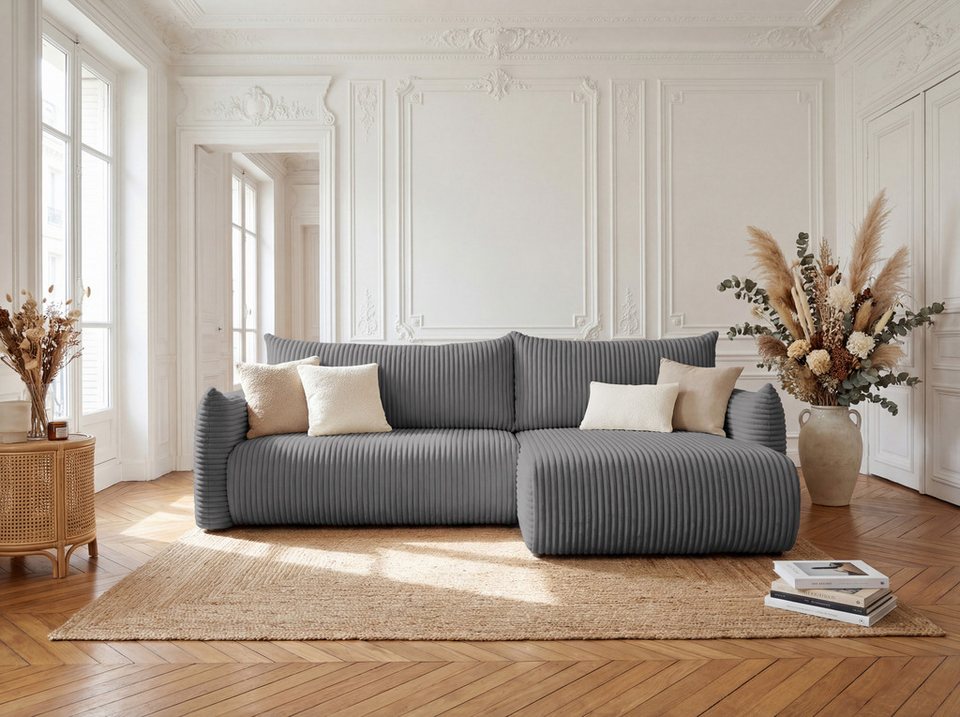 Cord Ecksofa FILO XL in Grau mit Ottomane