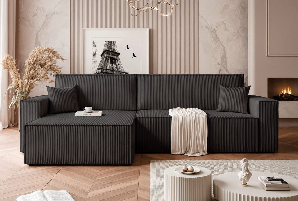 Cord Ecksofa PARIS XL in Schwarz mit Ottomane und Zierkissen