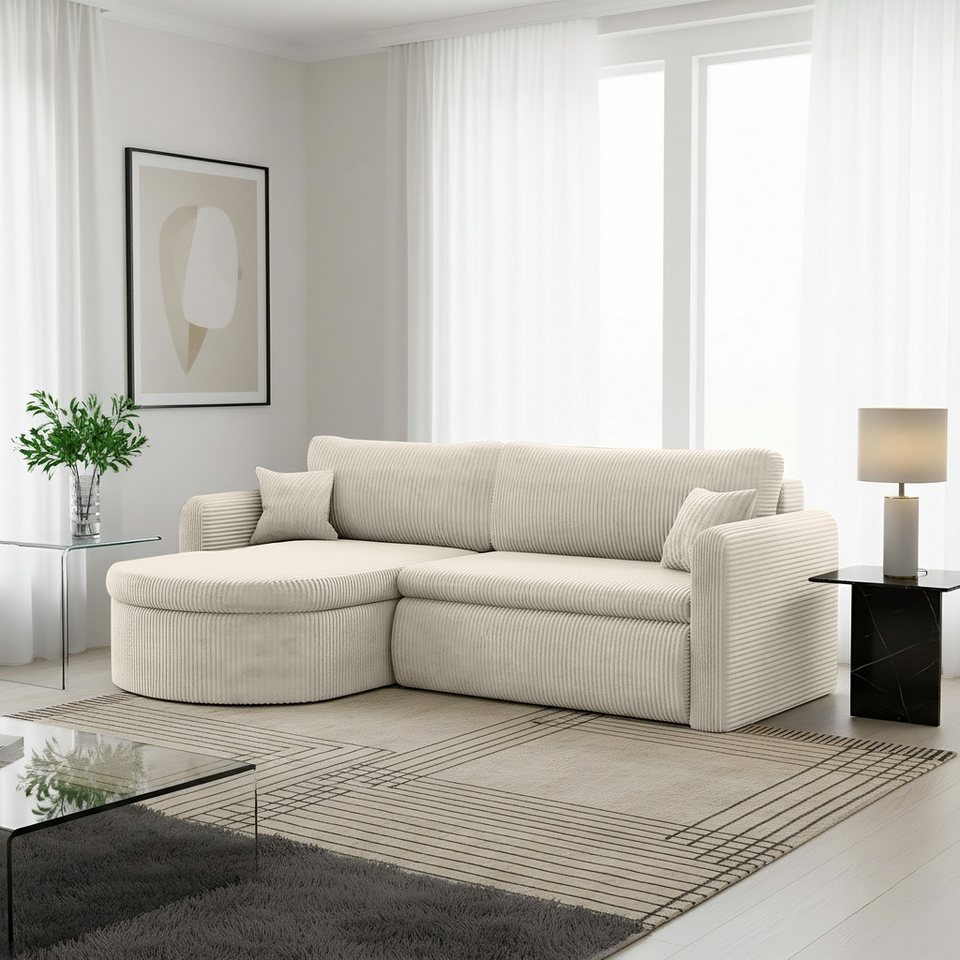 Cord Ecksofa VERONA in Beige mit Ottomane und Schlaffunktion
