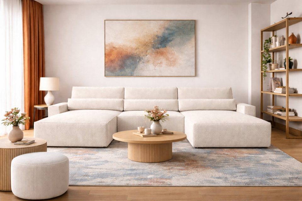 XXL Cord Wohnlandschaft STELLA in Weiß in U-Form